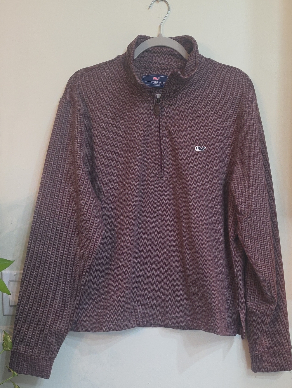Vineyard Vines Men's Half-Zip Sweater in Maroon And Grey Herringbone